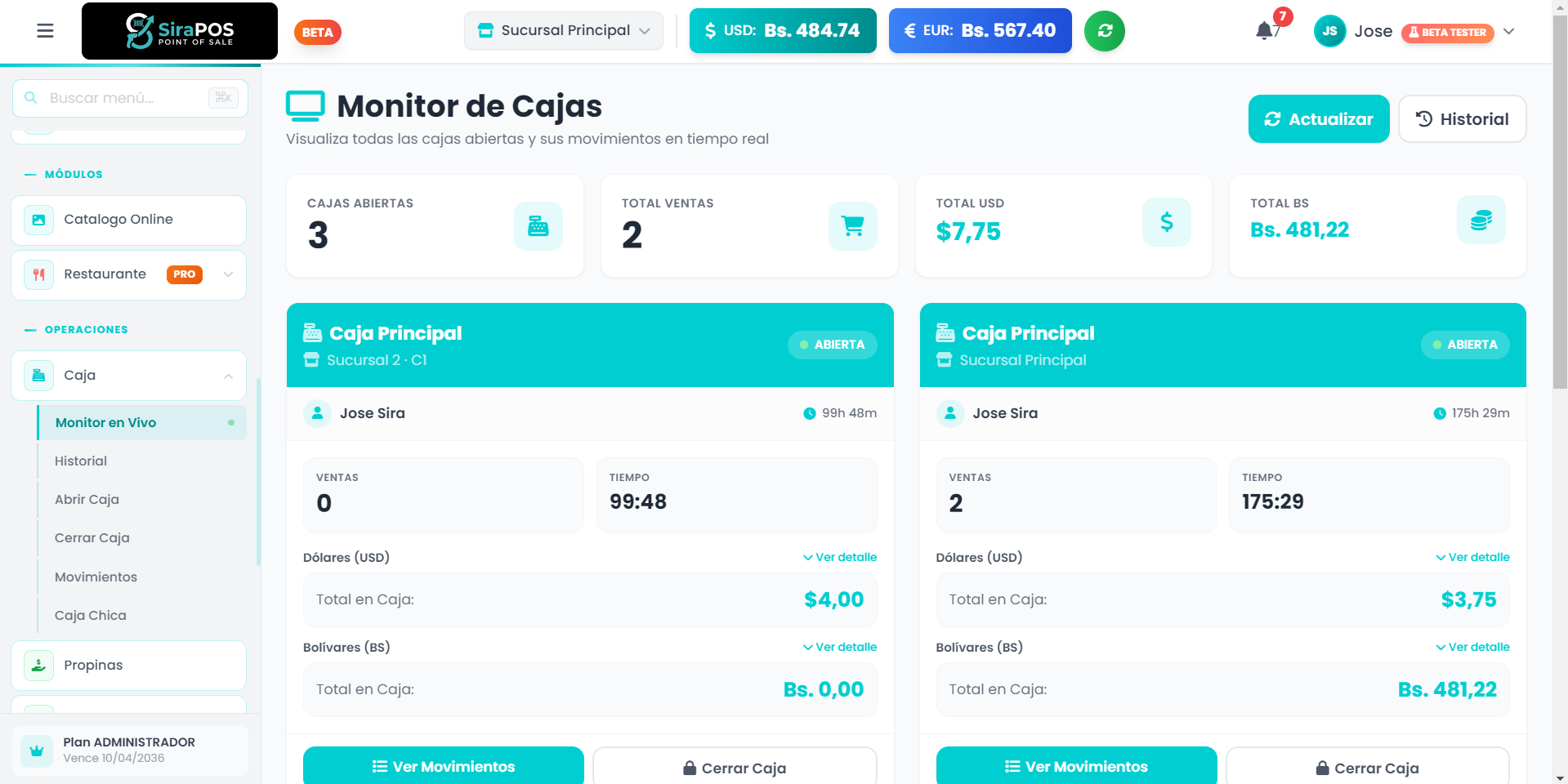 Monitor de Cajas en vivo